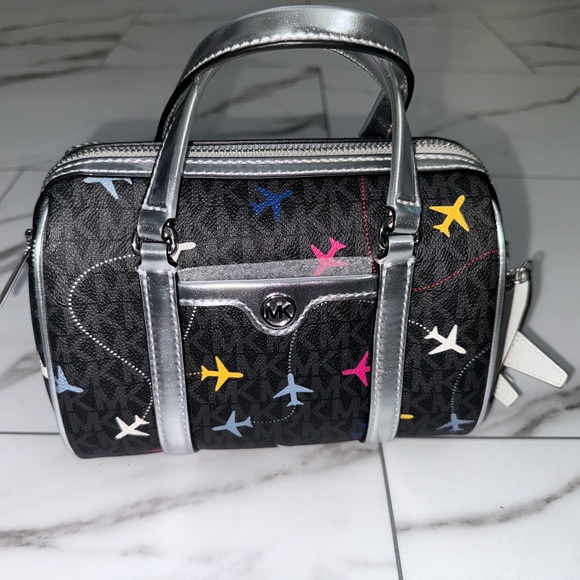 NWOT Michael Kors Black and Silver Satchel with Airplane Pattern